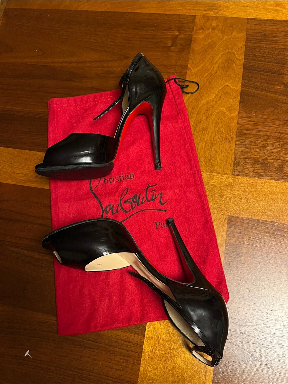 Christian Louboutin Black Patent Leather Peep-Toe Ankle-Strap Stilettos, size 39 - Picture 13 of 16
